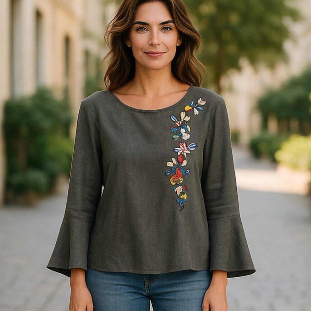 Grace Elements Embroidered Floral Cotton Blend Bell Sleeved Boho Blouse Large